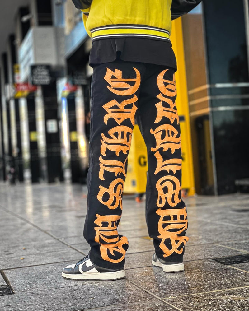 Burning Text Embroidered Letters Jeans