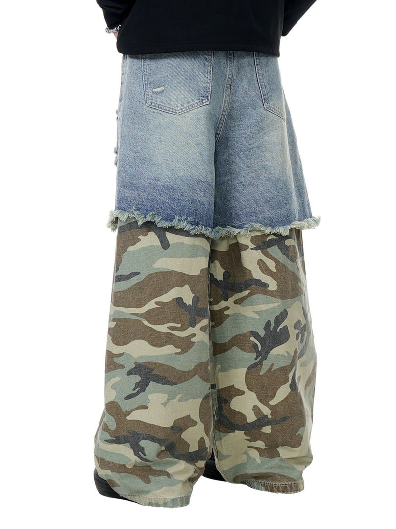 Washed Stitching Camouflage Ripped Baggy Jeans