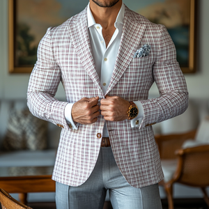 Blazer de dos botones con solapa de muesca a cuadros para hombre, primavera y verano