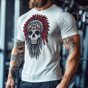 Men's Vintage Cotton Indian Skull Printed Casual Sports Round Neck Short Sleeve T-Shirt