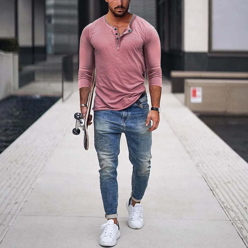 Camiseta informal de manga larga ajustada con cuello Henley de mezcla de algodón para hombre