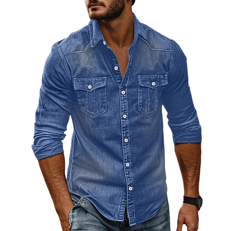 Herren-Revershemd aus gewaschenem Distressed-Denim im Vintage-Stil