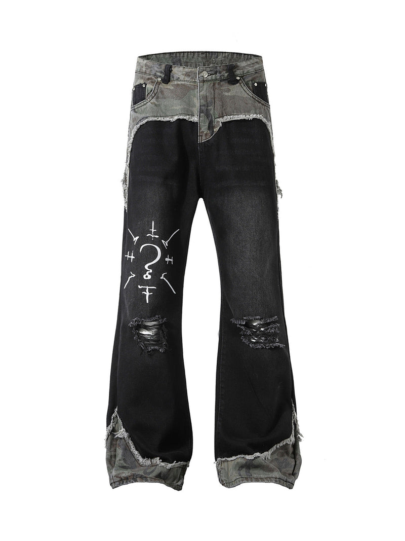 Washed Distressed Spliced Ripped Jeans