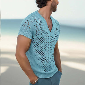 Camiseta de punto de malla transpirable con cuello en V de moda de verano para hombre