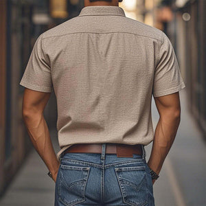 Camisa informal de lino con solapa bordada y manga corta para hombre