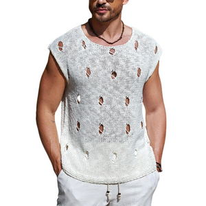 Men's Solid Color Ripped Crew Neck Knit Tank Tops