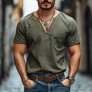Camiseta informal de algodón y lino para hombre, con cuello en V, bordado y bolsillo de parche, manga corta