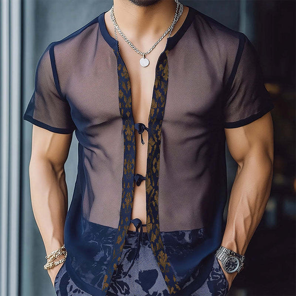 Men's Retro Casual Baroque Print Mesh Tie Short Sleeve Shirt