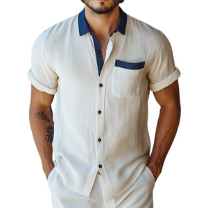 Men's Retro Casual Linen Colorblock Simple Lapel Pocket Short Sleeve Shirt
