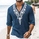 Camisa vintage informal de algodón y lino con cuello Henley, manga larga y bordado para hombre
