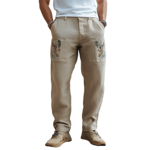 Pantalones casuales de algodón y lino bordados, personalizados, retro, de primavera y verano para hombre