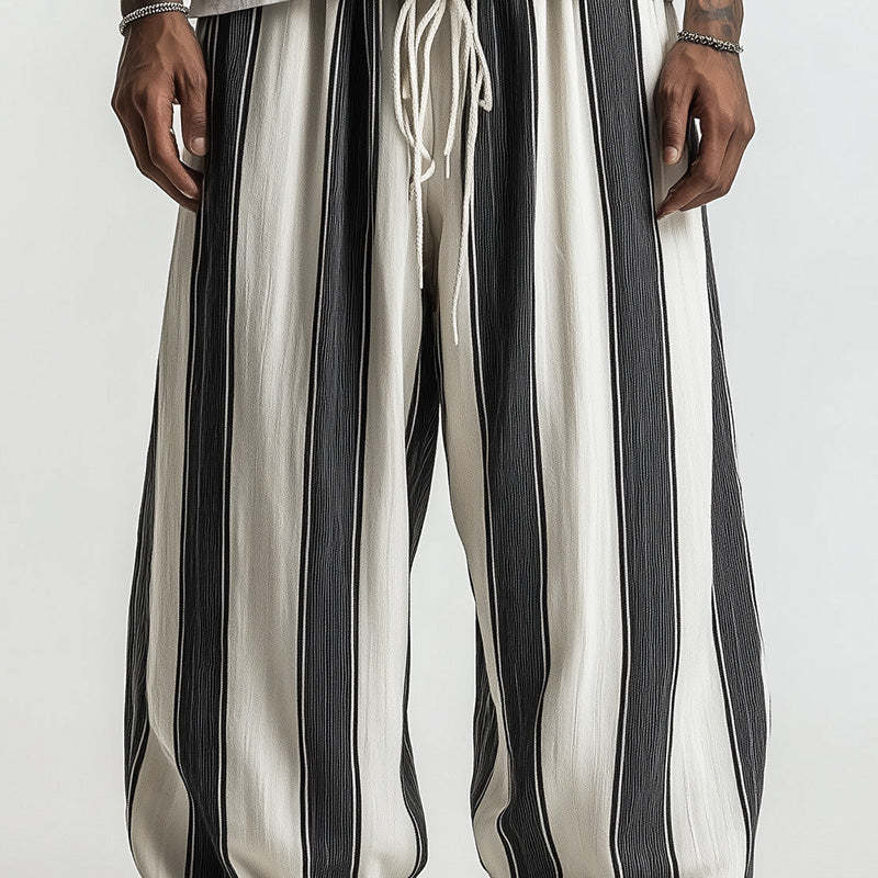 Men's Black And White Wide Striped Casual Trousers