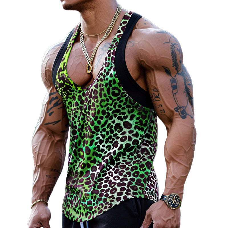 Sexy Patchwork-Tanktop mit U-Ausschnitt und Leopardenmuster für Herren