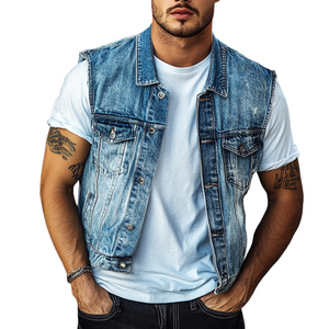 Men's Vintage Blue Washed Denim Lapel Vest