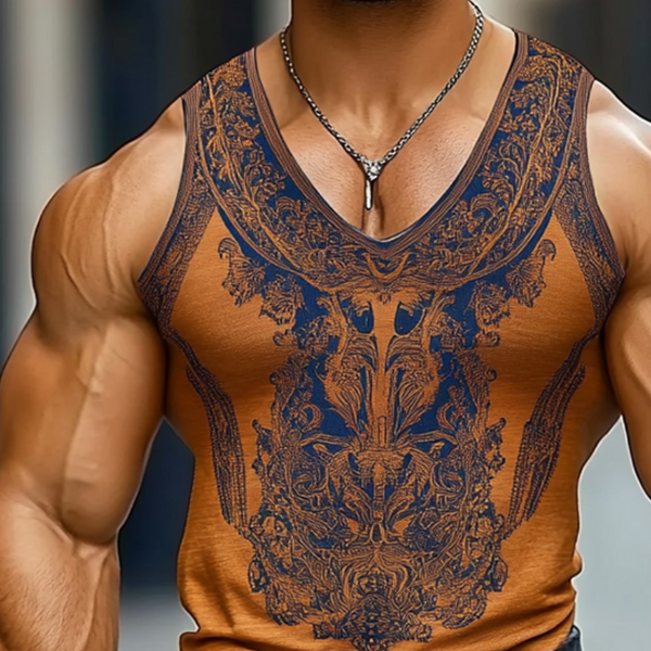 Men's Retro Ethnic Printed Round Neck Tank Top