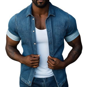 Men's Retro Casual Denim Washed Lapel Short Sleeve Shirt