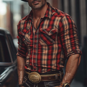 Camisa a cuadros informal de manga larga estilo retro para hombre