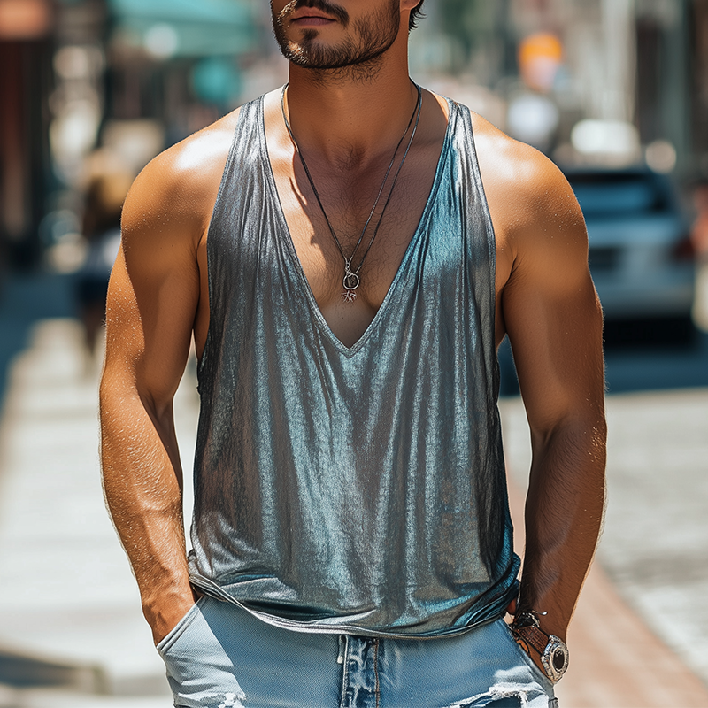 Camiseta sin mangas de algodón y seda con escote en V profundo para hombre, moda de primavera y verano
