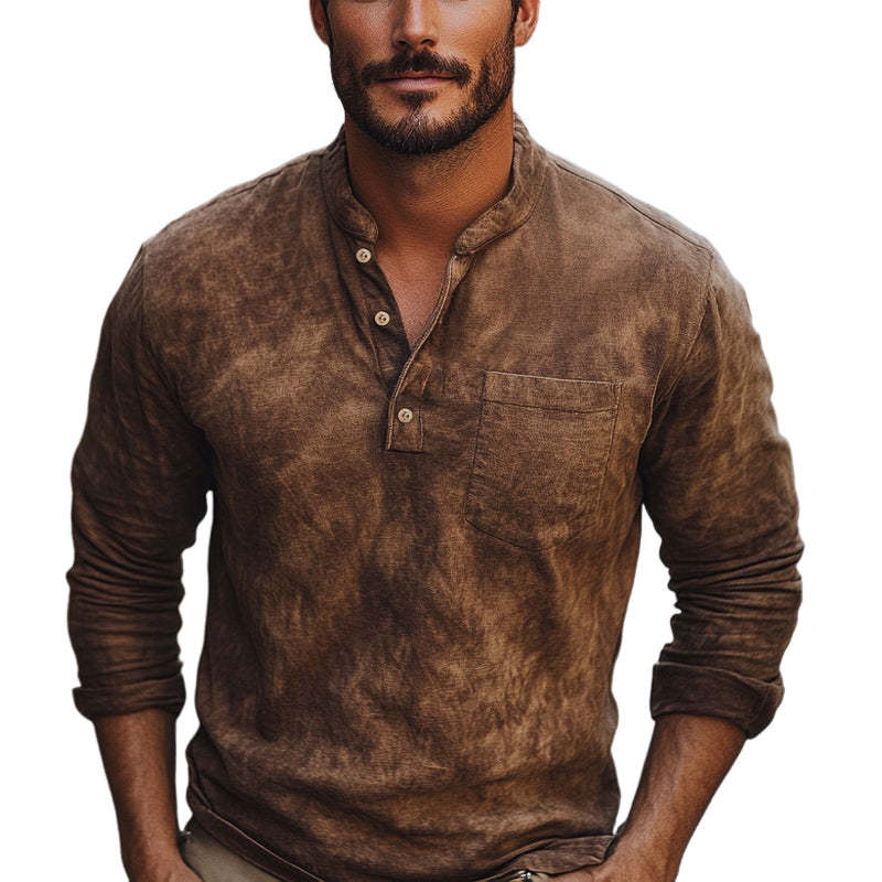 Men's Brown Tie-Dye Button-Down Cotton Long Sleeve T-Shirt