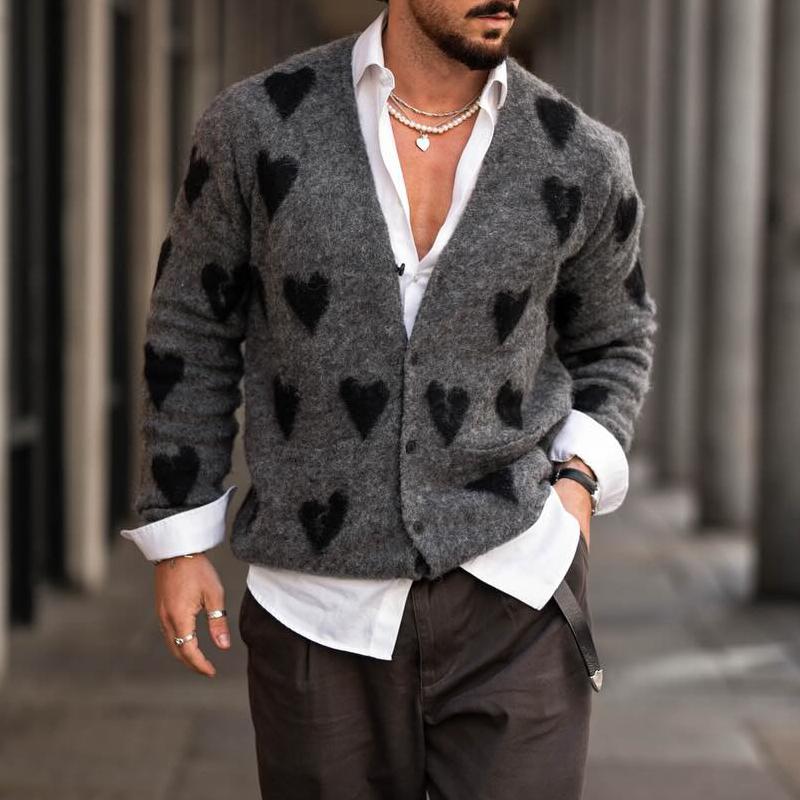 Cárdigan de punto con cuello en V y botonadura sencilla con estampado de corazón para hombre
