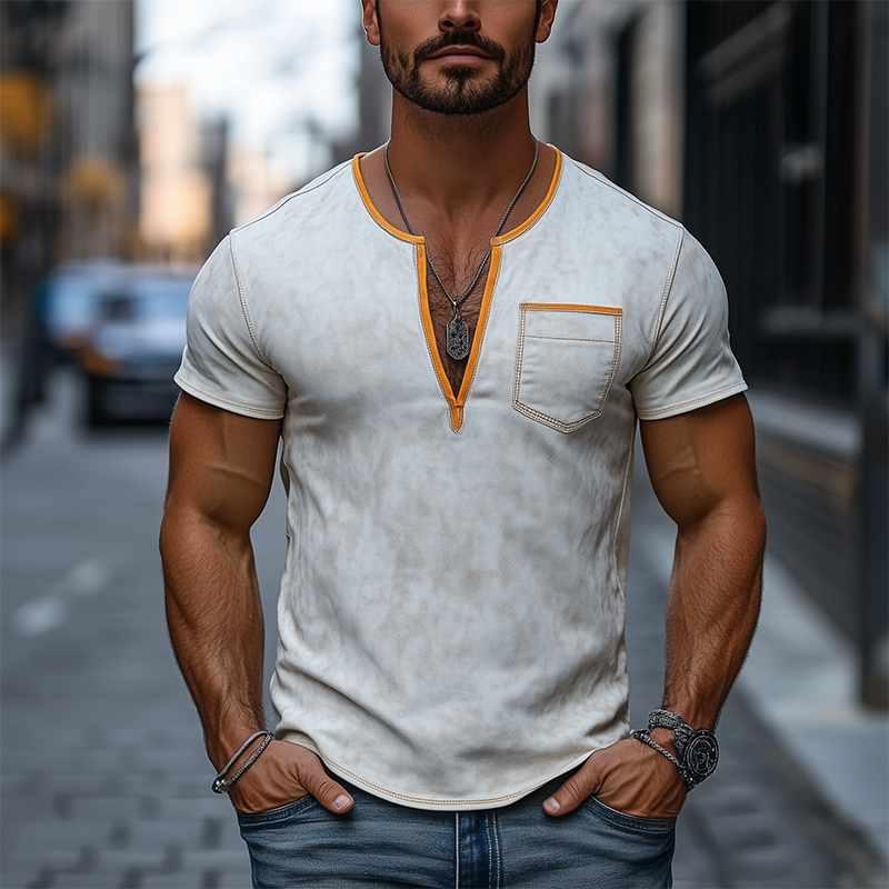 Camiseta de manga corta de ante texturizado con escote en V profundo, informal y ajustada para hombre