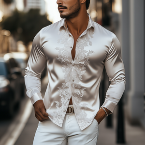 Men's Spring Fashion Classic Retro Satin Embroidery Slim Fit Long Sleeve Shirt