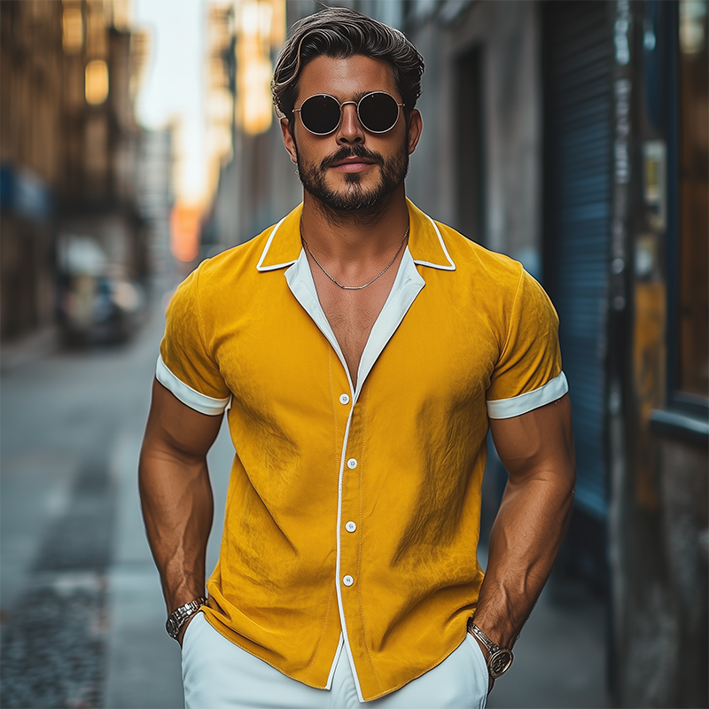 Men's Spring And Summer Fashion Slim Contrast Color Lapel Tencel Cotton Short Sleeve Shirt