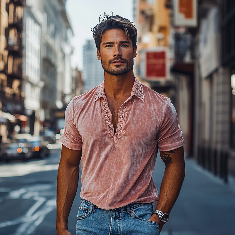 Men's Spring Fashion V-neck Lace Stitching Velvet Short-sleeved POLO Shirt MTA2660C6K