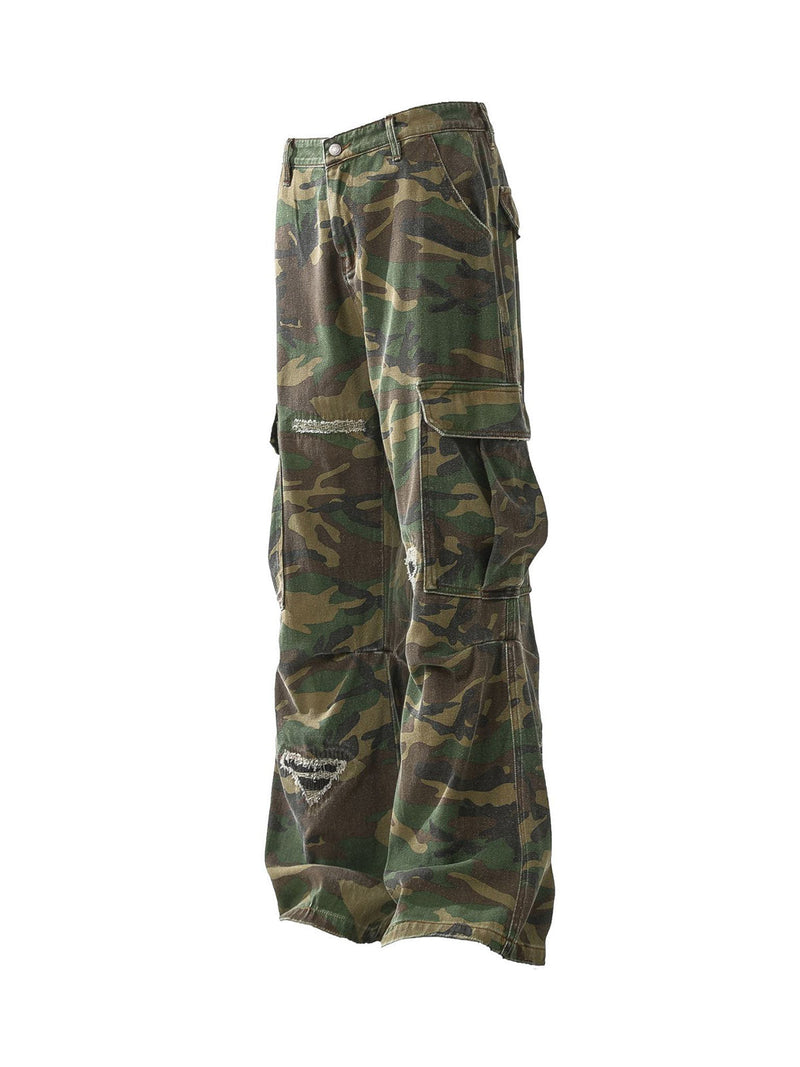 Ripped Camouflage Flared Cargo Pants