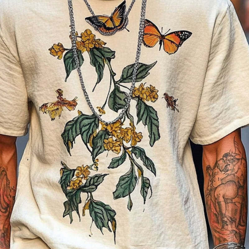 Men's Loose Butterfly Printed Round Neck Short Sleeve T-Shirt MTA2510C7X