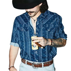 Camisa informal de manga larga con solapa y estampado retro azul oscuro para hombre