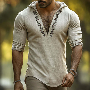 Men's Retro Casual Linen Embroidered Hooded Long Sleeve Shirt