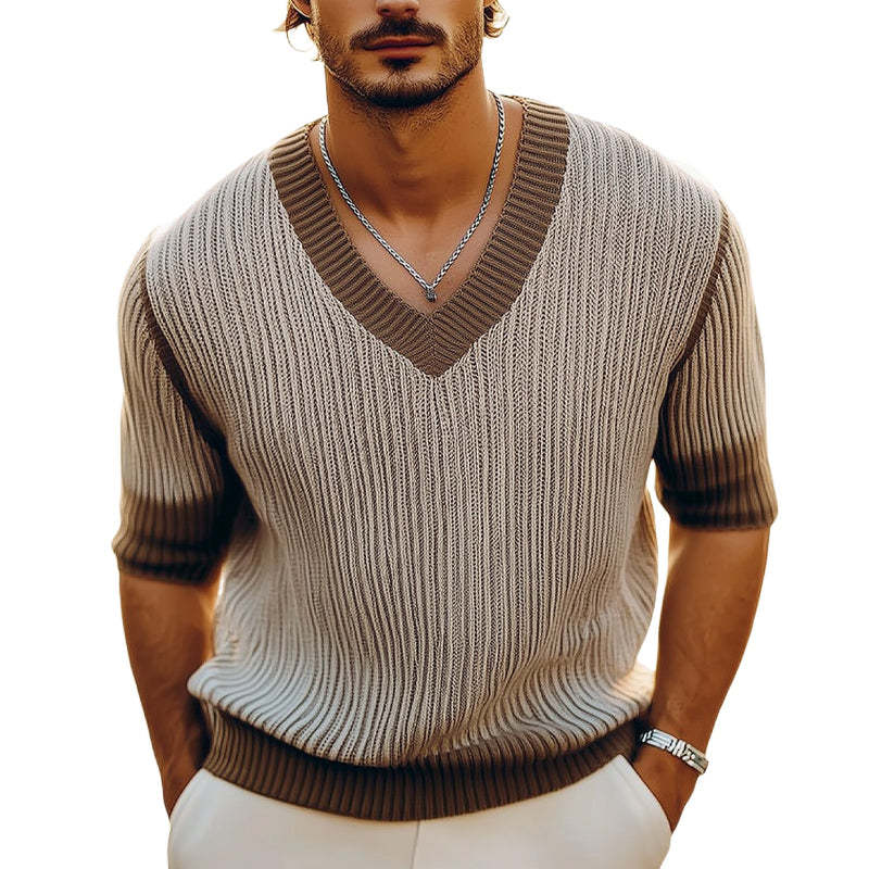 Camiseta de verano de punto fino con cuello en V y manga corta para hombre
