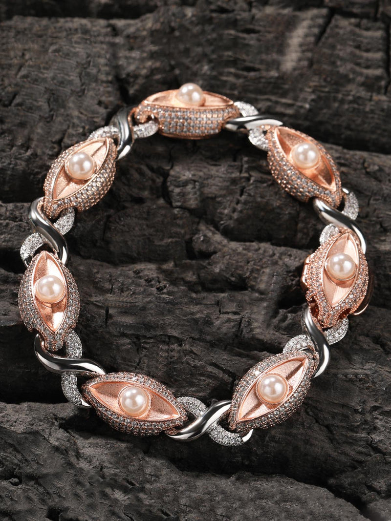 Sandblasted Pearl Eye Hotfix Rhinestone Copper Bracelet