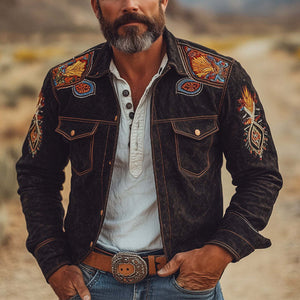 Herrenjacke aus Vintage-Wildleder mit besticktem Revers 