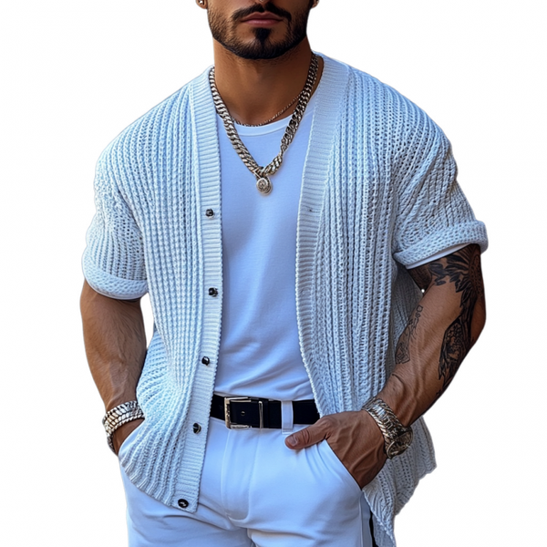 Men's Casual Solid Color Single Breasted Loose Knitted Short Sleeve Cardigan