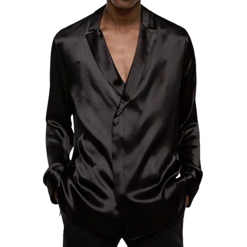 Herren Frühlingsmode Tiefer V-Ausschnitt Satin Lässiges Schwarzes Langarmhemd