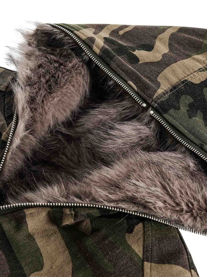 Camouflage Fur Collar Hooded Quilted Jacket