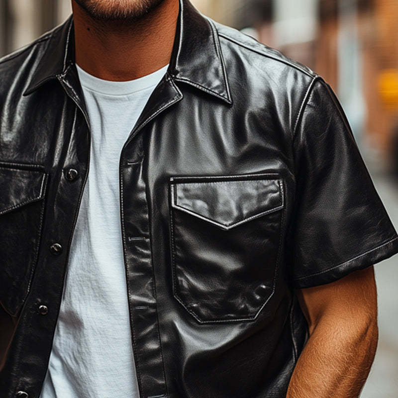 Camisa holgada de cuero negro de manga corta de verano para hombre