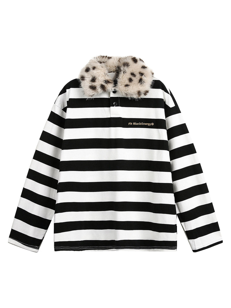 Striped Detachable Fur Collar Long-Sleeve T-shirt