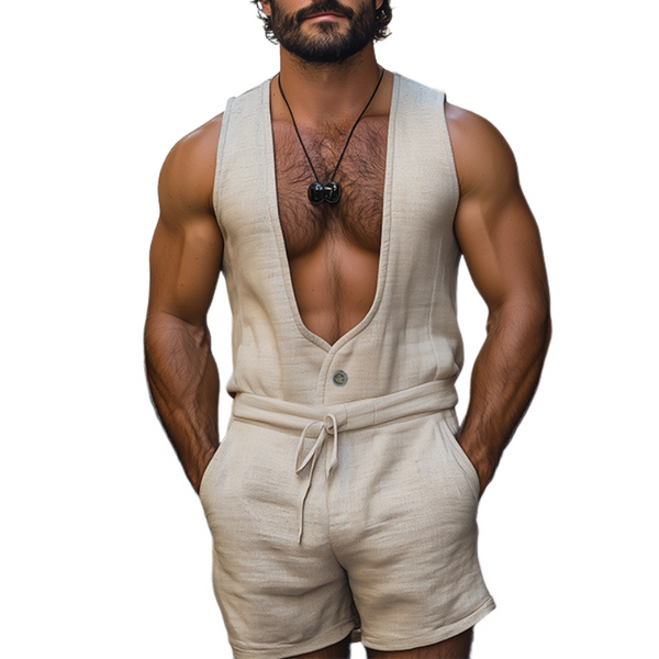 Mono corto de algodón y lino con escote en V profundo para hombre, moda de primavera y verano