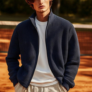 Men's Solid Knitted Waffle Stand Collar Zipper Cardigan