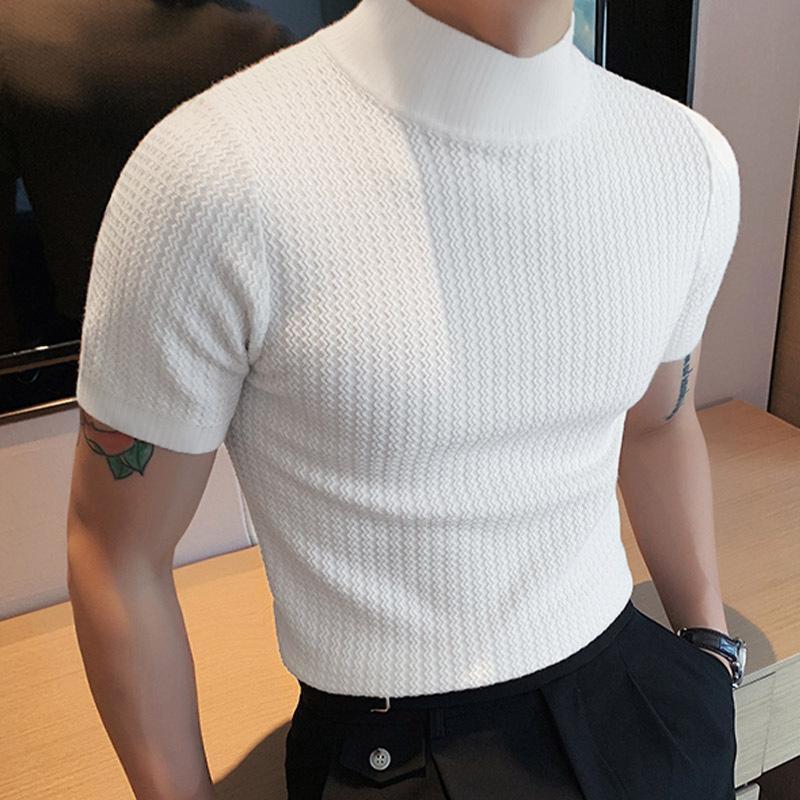 Herren-T-Shirt mit halbem Rollkragen, einfarbig, eng gestrickt, kurzärmelig