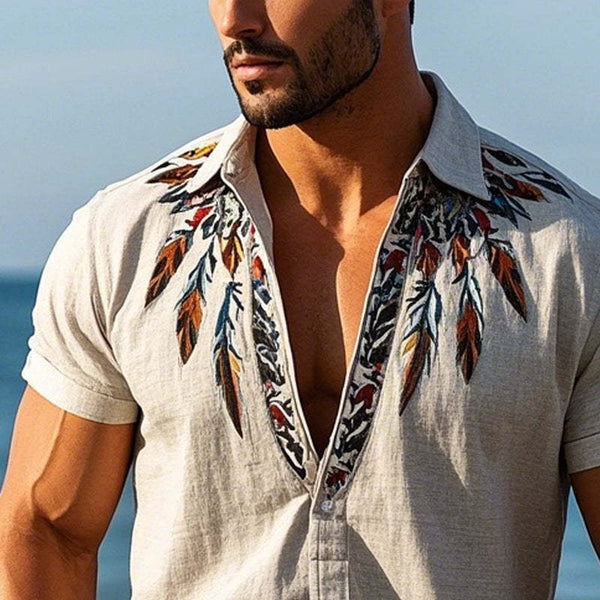 Herren-Pullover mit Vintage-Federstickerei und kurzen Ärmeln