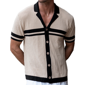 Men's Spring And Summer Casual Contrast Color Stitching Knitted Short Sleeve Shirt