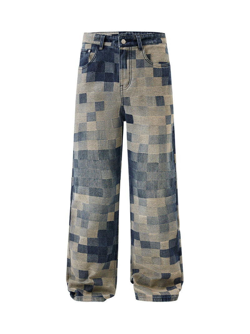 Checkerboard Jacquard Wide Leg Jeans