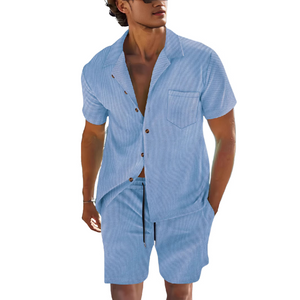 Men's Solid Color Short Sleeve Shorts Holiday Two-piece Set