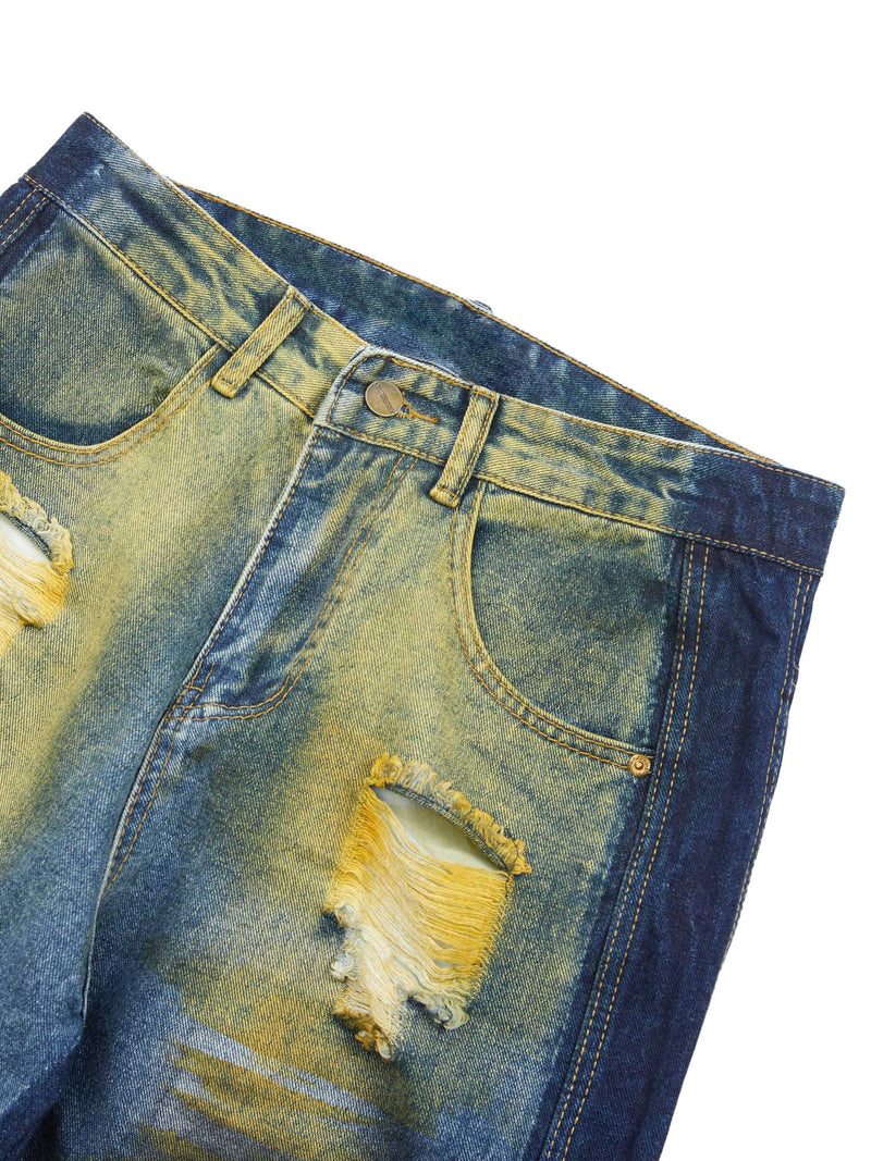 Hip-hop Washed Distressed Loose Spray-dyed Jeans