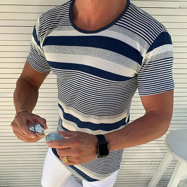 Camiseta informal de manga corta de punto con rayas horizontales para hombre, primavera y verano