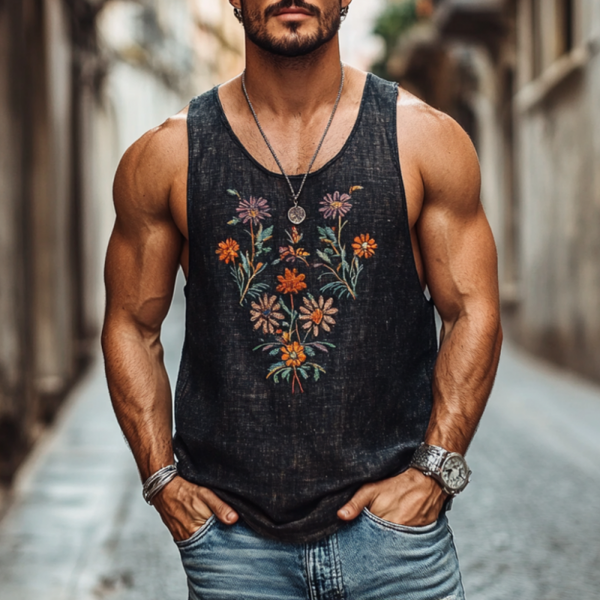 Camiseta sin mangas informal de lino con cuello redondo y bordado floral para hombre